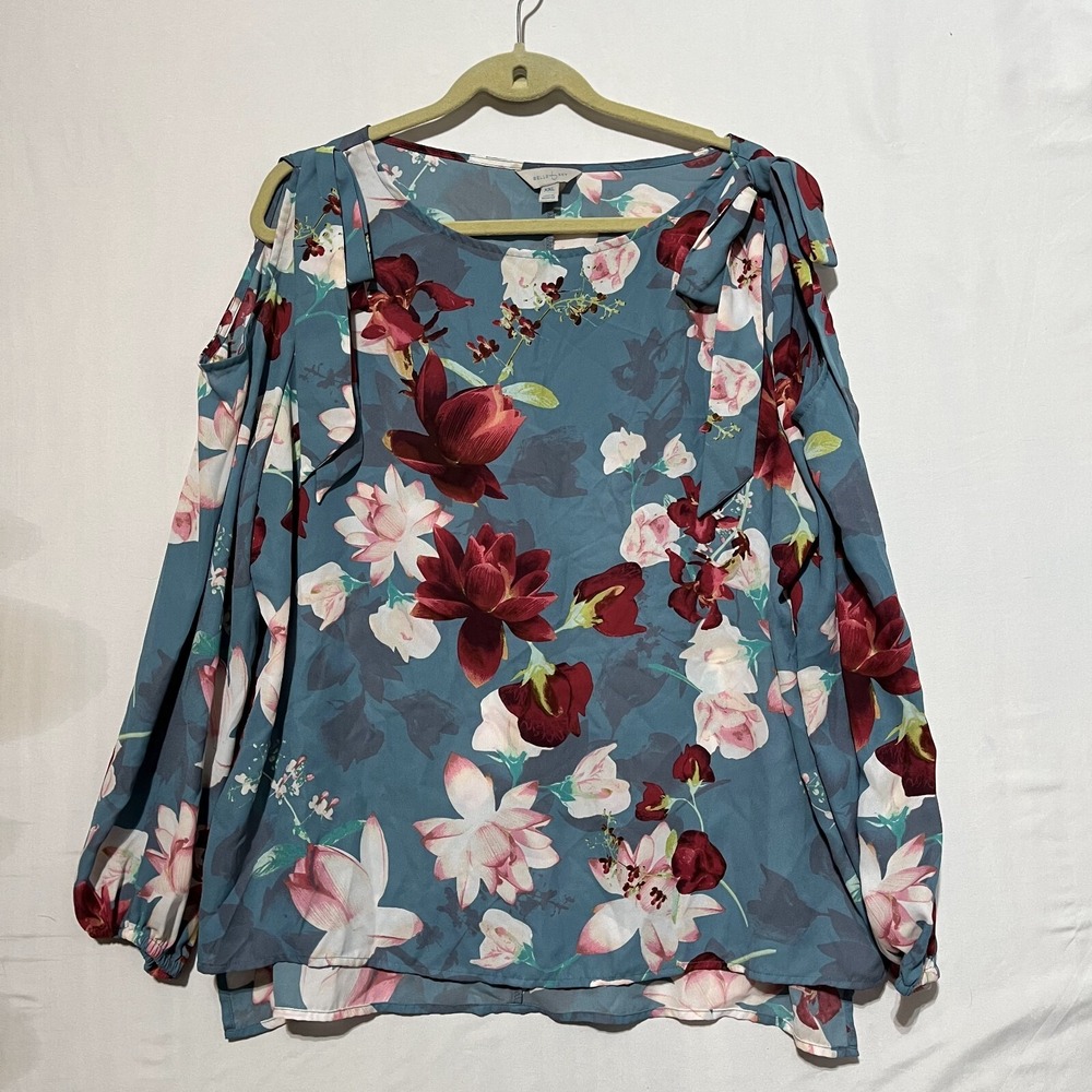 Belle & Sky Blouse Top Women 2XL Blue Floral Boat Neck Cold Shoulder Long Sleeve